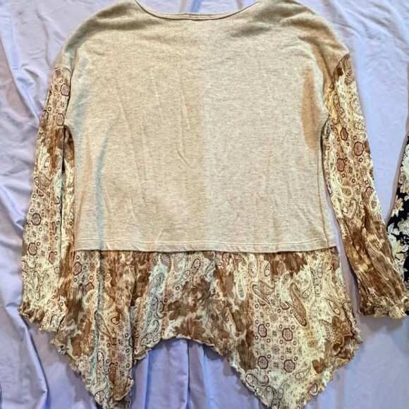 THREE 2-in-1 Layered-Look tops (S/S Orange plaid, L/S Black and Beige) BIG SMALL - Picture 6 of 11